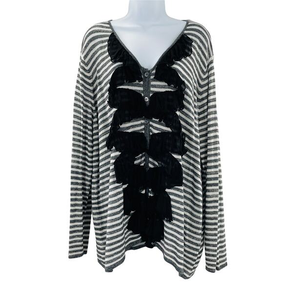 Doncaster Gray White Stripe Zig Zag Silk Trim Button Down Silk Cardigan Plus 3W - Picture 2 of 10
